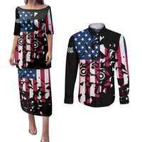 Personalized Dirt Bike Racing Couples Matching Puletasi and Long Sleeve Button Shirt Shattered American Flag and Race Checkered Patch Graphic in Red White and Blue - Wonder Print Shop