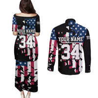 Personalized Dirt Bike Racing Couples Matching Puletasi and Long Sleeve Button Shirt Shattered American Flag and Race Checkered Patch Graphic in Red White and Blue - Wonder Print Shop