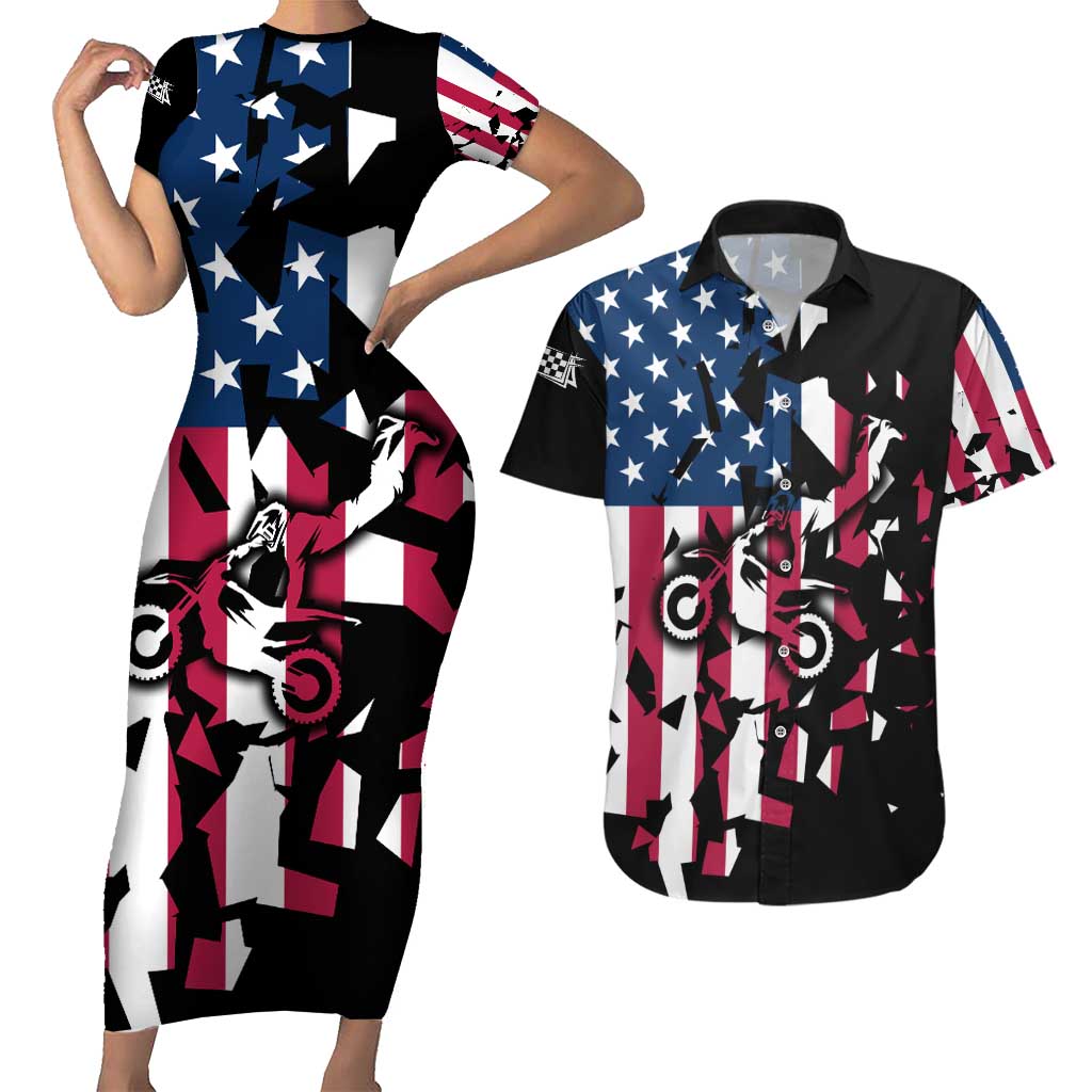 Personalized Dirt Bike Racing Couples Matching Short Sleeve Bodycon Dress and Hawaiian Shirt Shattered American Flag and Race Checkered Patch Graphic in Red White and Blue - Wonder Print Shop