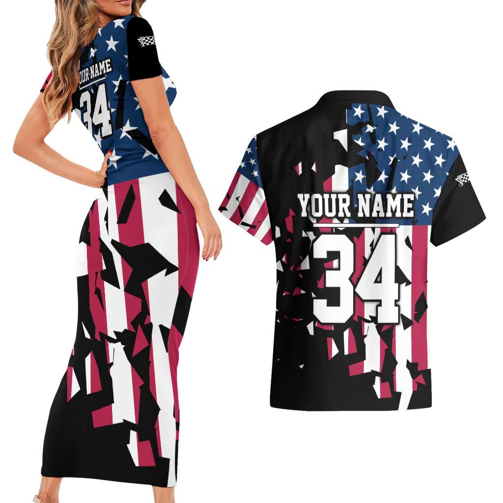 Personalized Dirt Bike Racing Couples Matching Short Sleeve Bodycon Dress and Hawaiian Shirt Shattered American Flag and Race Checkered Patch Graphic in Red White and Blue - Wonder Print Shop