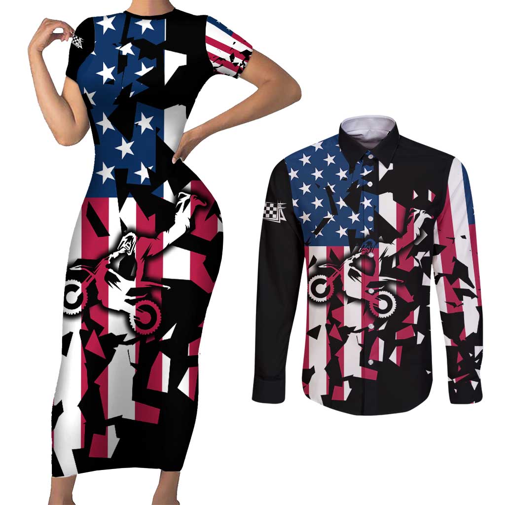 Personalized Dirt Bike Racing Couples Matching Short Sleeve Bodycon Dress and Long Sleeve Button Shirt Shattered American Flag and Race Checkered Patch Graphic in Red White and Blue - Wonder Print Shop