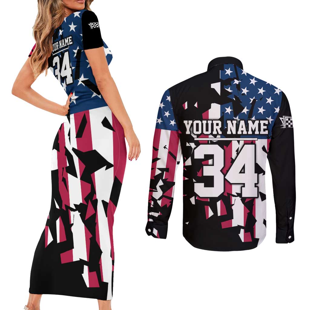 Personalized Dirt Bike Racing Couples Matching Short Sleeve Bodycon Dress and Long Sleeve Button Shirt Shattered American Flag and Race Checkered Patch Graphic in Red White and Blue - Wonder Print Shop