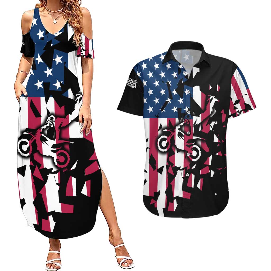 Personalized Dirt Bike Racing Couples Matching Summer Maxi Dress and Hawaiian Shirt Shattered American Flag and Race Checkered Patch Graphic in Red White and Blue - Wonder Print Shop