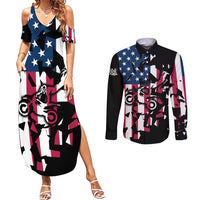 Personalized Dirt Bike Racing Couples Matching Summer Maxi Dress and Long Sleeve Button Shirt Shattered American Flag and Race Checkered Patch Graphic in Red White and Blue - Wonder Print Shop