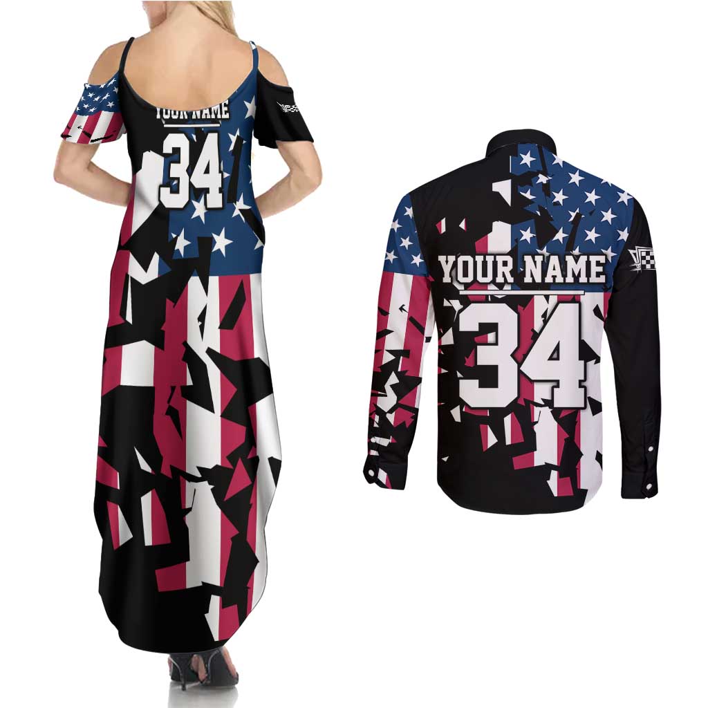 Personalized Dirt Bike Racing Couples Matching Summer Maxi Dress and Long Sleeve Button Shirt Shattered American Flag and Race Checkered Patch Graphic in Red White and Blue - Wonder Print Shop
