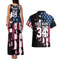 Personalized Dirt Bike Racing Couples Matching Tank Maxi Dress and Hawaiian Shirt Shattered American Flag and Race Checkered Patch Graphic in Red White and Blue - Wonder Print Shop