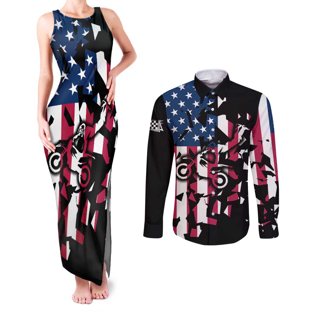 Personalized Dirt Bike Racing Couples Matching Tank Maxi Dress and Long Sleeve Button Shirt Shattered American Flag and Race Checkered Patch Graphic in Red White and Blue - Wonder Print Shop
