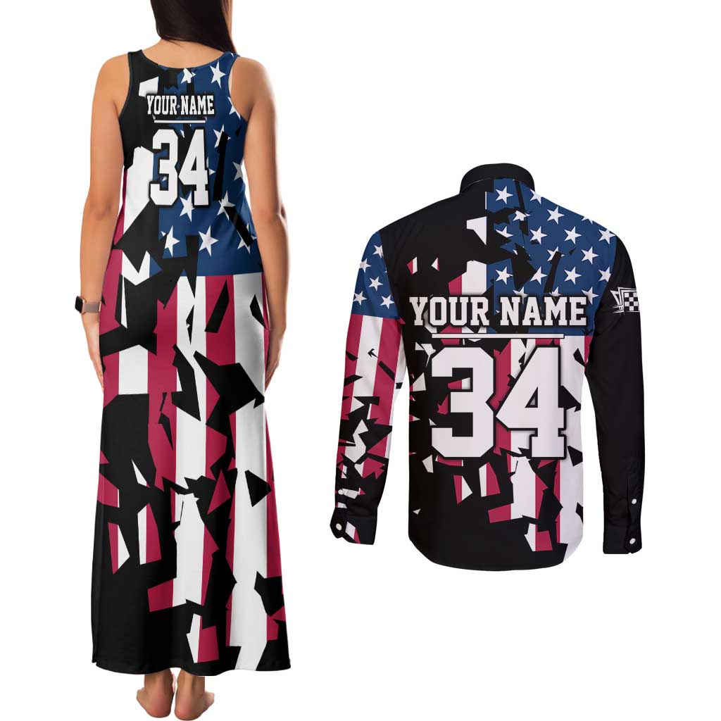 Personalized Dirt Bike Racing Couples Matching Tank Maxi Dress and Long Sleeve Button Shirt Shattered American Flag and Race Checkered Patch Graphic in Red White and Blue - Wonder Print Shop