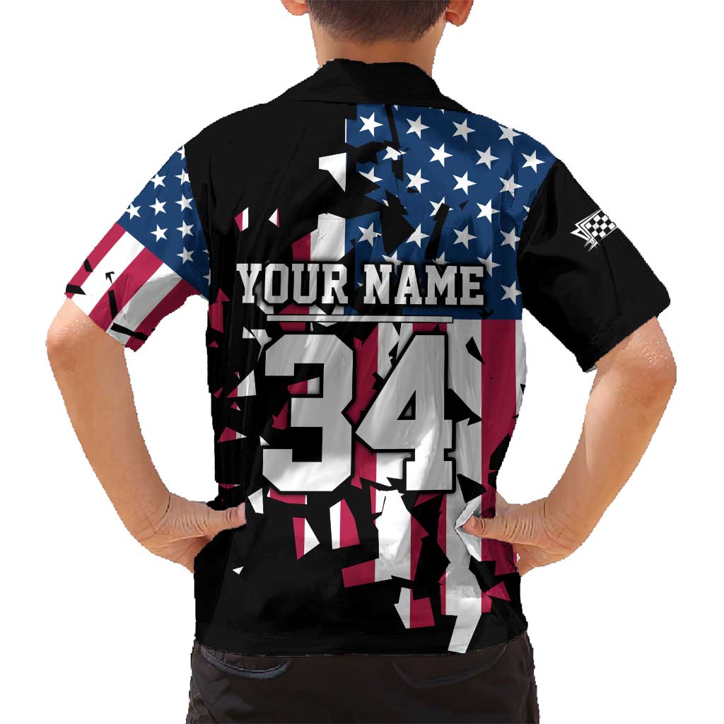 Personalized Dirt Bike Racing Family Matching Long Sleeve Bodycon Dress and Hawaiian Shirt Shattered American Flag and Race Checkered Patch Graphic in Red White and Blue - Wonder Print Shop