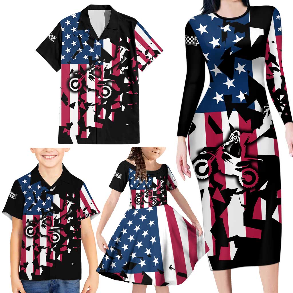 Personalized Dirt Bike Racing Family Matching Long Sleeve Bodycon Dress and Hawaiian Shirt Shattered American Flag and Race Checkered Patch Graphic in Red White and Blue - Wonder Print Shop