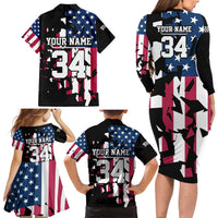 Personalized Dirt Bike Racing Family Matching Long Sleeve Bodycon Dress and Hawaiian Shirt Shattered American Flag and Race Checkered Patch Graphic in Red White and Blue - Wonder Print Shop