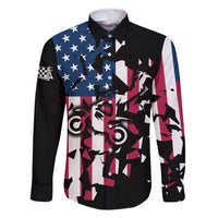 Personalized Dirt Bike Racing Family Matching Long Sleeve Bodycon Dress and Hawaiian Shirt Shattered American Flag and Race Checkered Patch Graphic in Red White and Blue - Wonder Print Shop