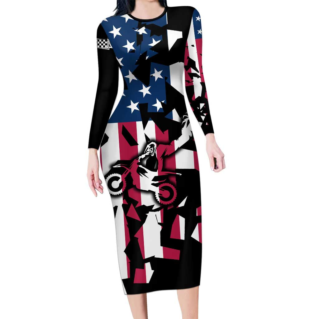 Personalized Dirt Bike Racing Family Matching Long Sleeve Bodycon Dress and Hawaiian Shirt Shattered American Flag and Race Checkered Patch Graphic in Red White and Blue - Wonder Print Shop