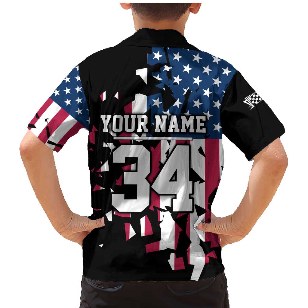 Personalized Dirt Bike Racing Family Matching Mermaid Dress and Hawaiian Shirt Shattered American Flag and Race Checkered Patch Graphic in Red White and Blue - Wonder Print Shop