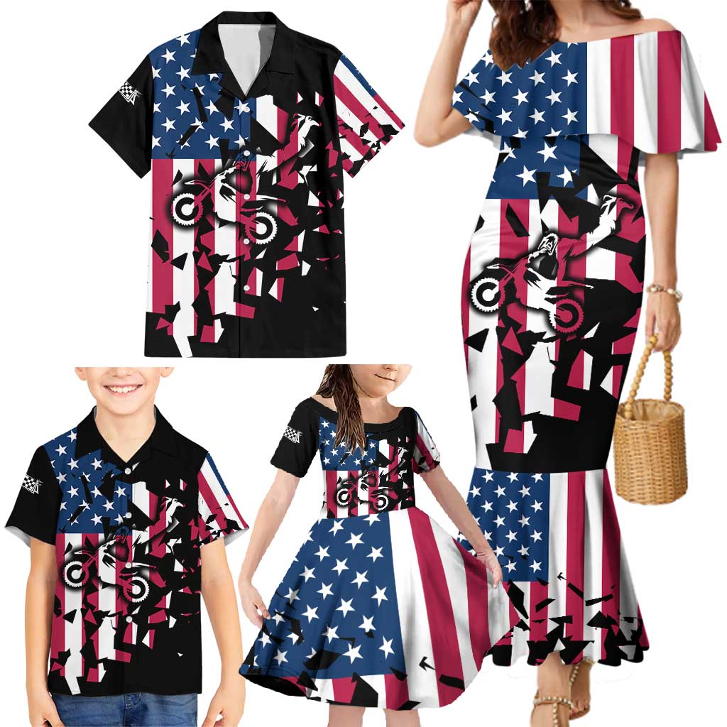 Personalized Dirt Bike Racing Family Matching Mermaid Dress and Hawaiian Shirt Shattered American Flag and Race Checkered Patch Graphic in Red White and Blue - Wonder Print Shop