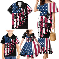 Personalized Dirt Bike Racing Family Matching Mermaid Dress and Hawaiian Shirt Shattered American Flag and Race Checkered Patch Graphic in Red White and Blue - Wonder Print Shop