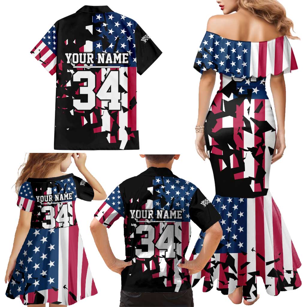 Personalized Dirt Bike Racing Family Matching Mermaid Dress and Hawaiian Shirt Shattered American Flag and Race Checkered Patch Graphic in Red White and Blue - Wonder Print Shop