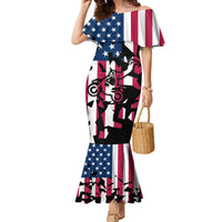 Personalized Dirt Bike Racing Family Matching Mermaid Dress and Hawaiian Shirt Shattered American Flag and Race Checkered Patch Graphic in Red White and Blue - Wonder Print Shop