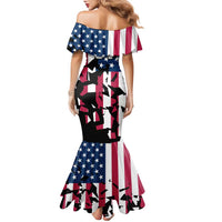 Personalized Dirt Bike Racing Family Matching Mermaid Dress and Hawaiian Shirt Shattered American Flag and Race Checkered Patch Graphic in Red White and Blue - Wonder Print Shop