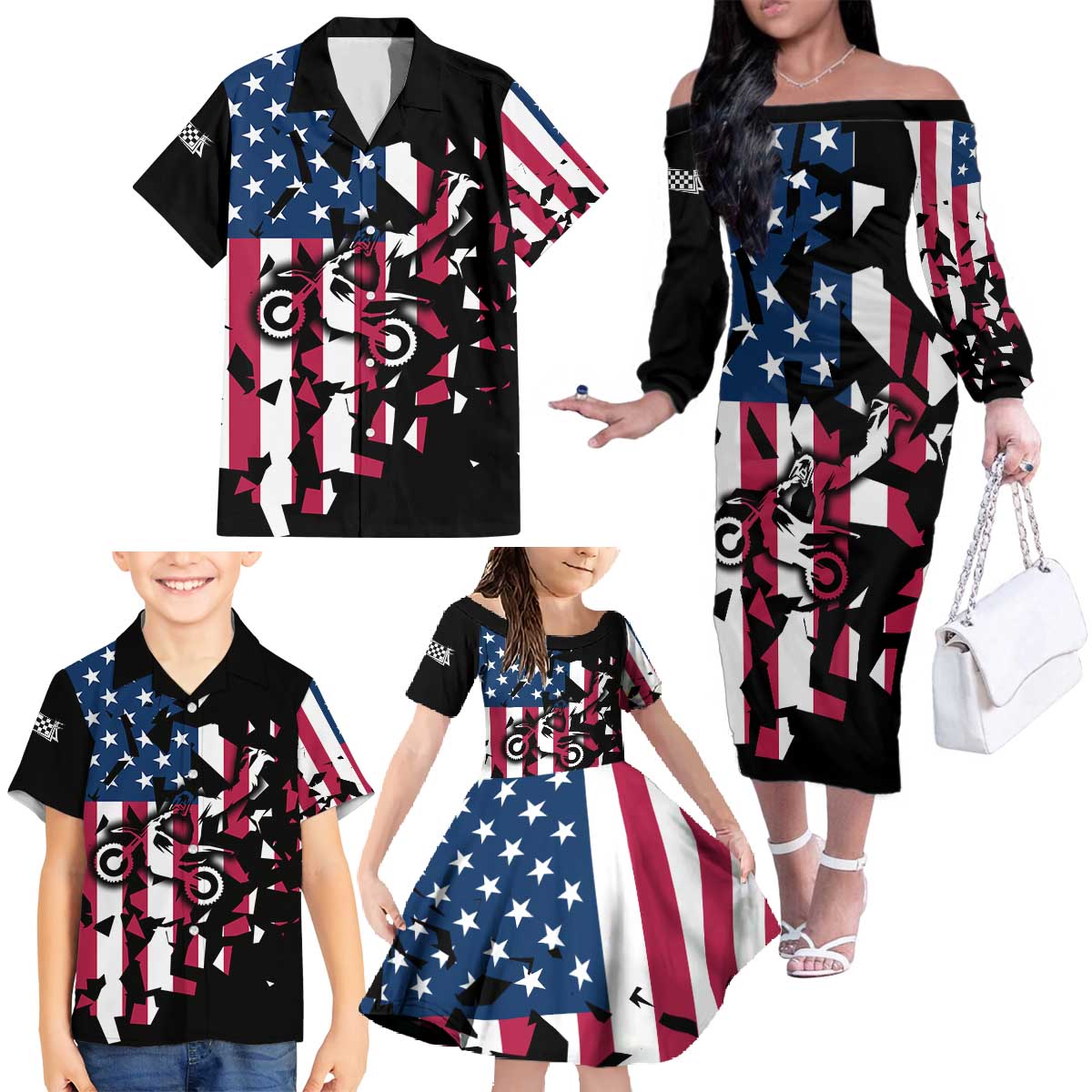 Personalized Dirt Bike Racing Family Matching Off The Shoulder Long Sleeve Dress and Hawaiian Shirt Shattered American Flag and Race Checkered Patch Graphic in Red White and Blue - Wonder Print Shop