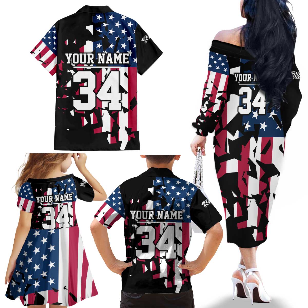 Personalized Dirt Bike Racing Family Matching Off The Shoulder Long Sleeve Dress and Hawaiian Shirt Shattered American Flag and Race Checkered Patch Graphic in Red White and Blue - Wonder Print Shop