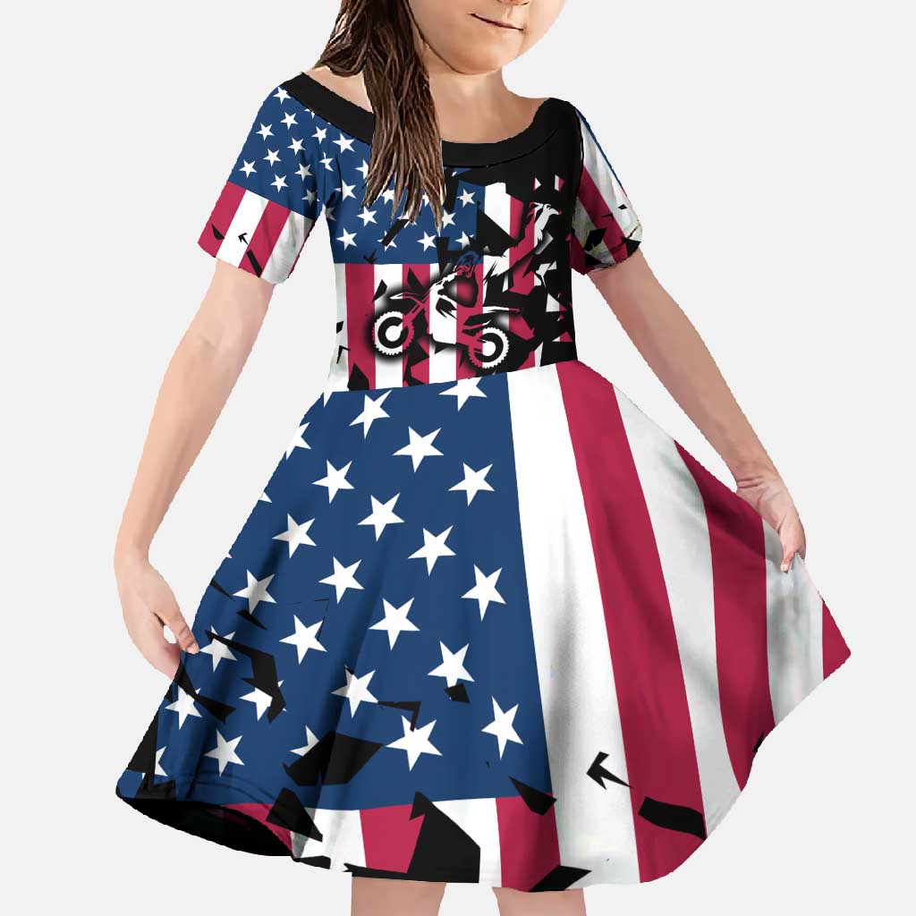 Personalized Dirt Bike Racing Family Matching Off Shoulder Maxi Dress and Hawaiian Shirt Shattered American Flag and Race Checkered Patch Graphic in Red White and Blue - Wonder Print Shop