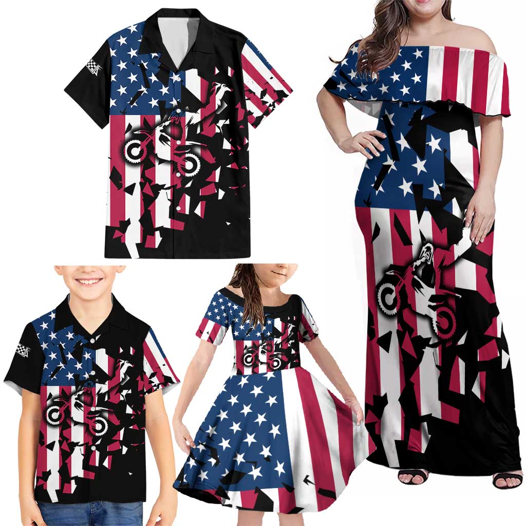 Personalized Dirt Bike Racing Family Matching Off Shoulder Maxi Dress and Hawaiian Shirt Shattered American Flag and Race Checkered Patch Graphic in Red White and Blue - Wonder Print Shop