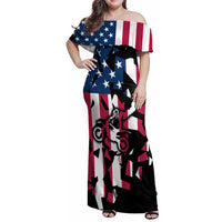 Personalized Dirt Bike Racing Family Matching Off Shoulder Maxi Dress and Hawaiian Shirt Shattered American Flag and Race Checkered Patch Graphic in Red White and Blue - Wonder Print Shop