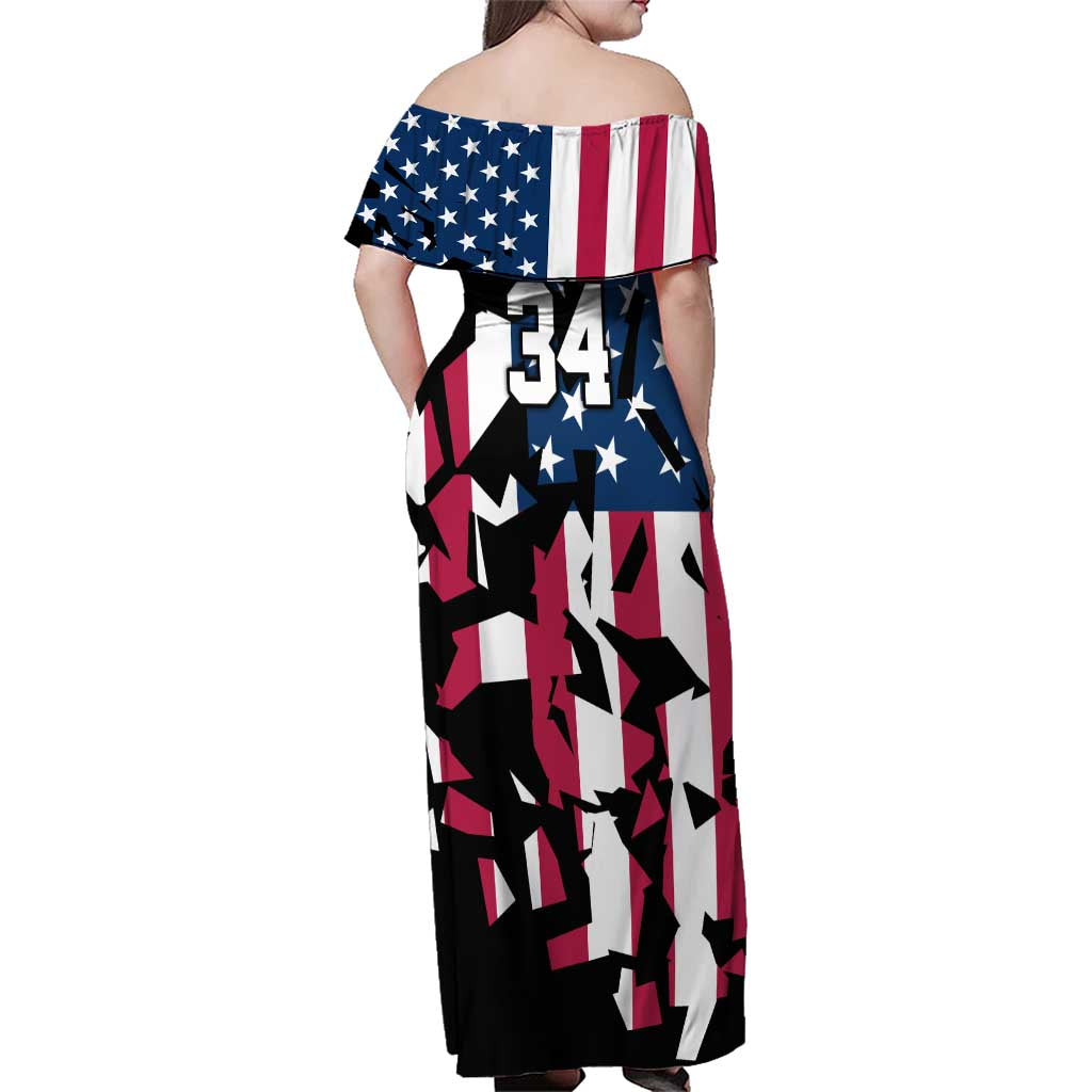 Personalized Dirt Bike Racing Family Matching Off Shoulder Maxi Dress and Hawaiian Shirt Shattered American Flag and Race Checkered Patch Graphic in Red White and Blue - Wonder Print Shop