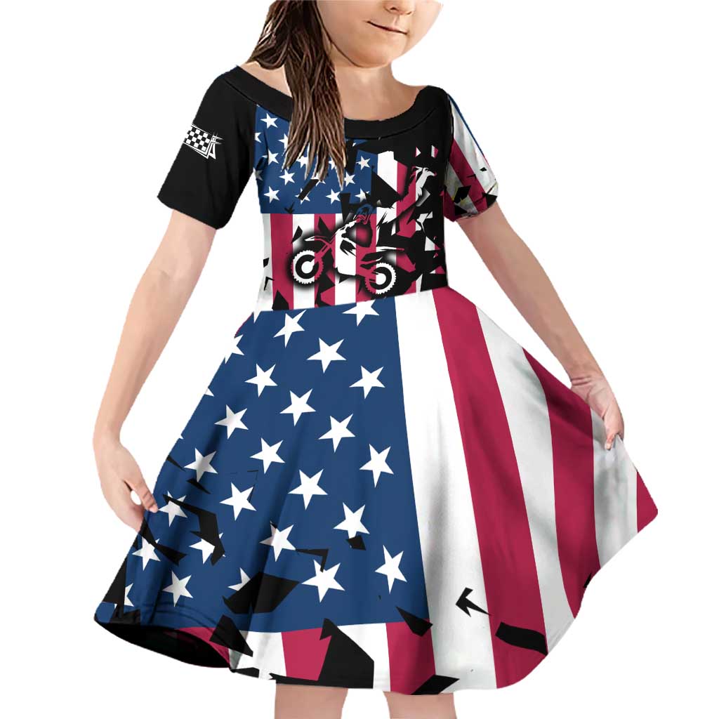 Personalized Dirt Bike Racing Family Matching Off Shoulder Short Dress and Hawaiian Shirt Shattered American Flag and Race Checkered Patch Graphic in Red White and Blue - Wonder Print Shop