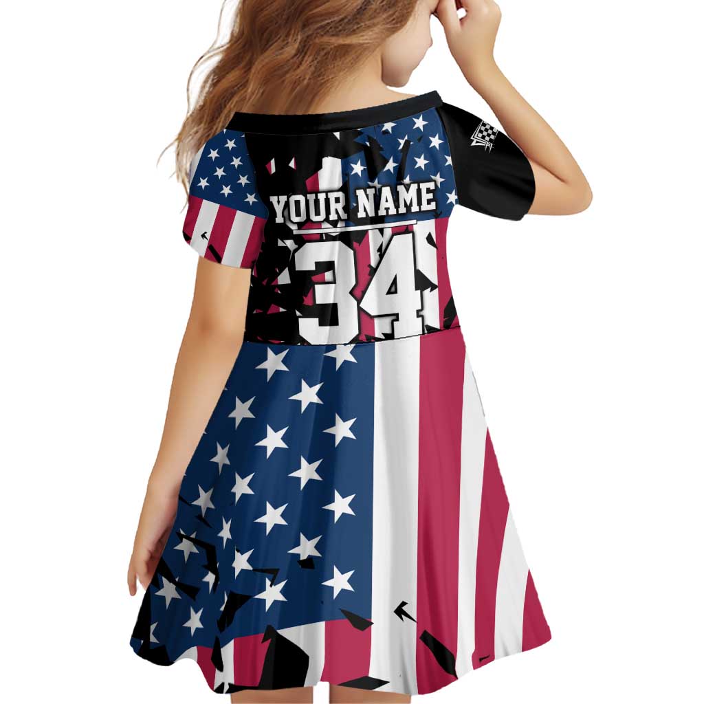 Personalized Dirt Bike Racing Family Matching Off Shoulder Short Dress and Hawaiian Shirt Shattered American Flag and Race Checkered Patch Graphic in Red White and Blue - Wonder Print Shop