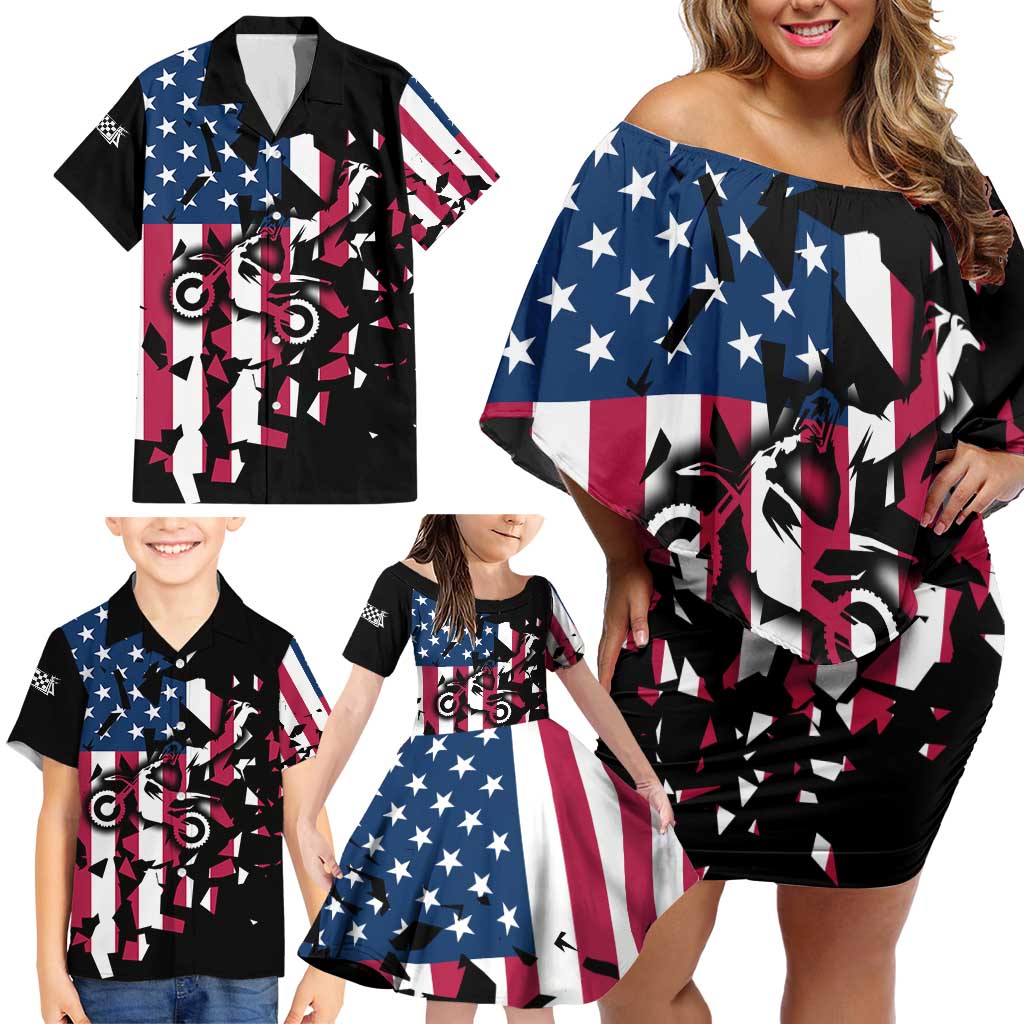 Personalized Dirt Bike Racing Family Matching Off Shoulder Short Dress and Hawaiian Shirt Shattered American Flag and Race Checkered Patch Graphic in Red White and Blue - Wonder Print Shop