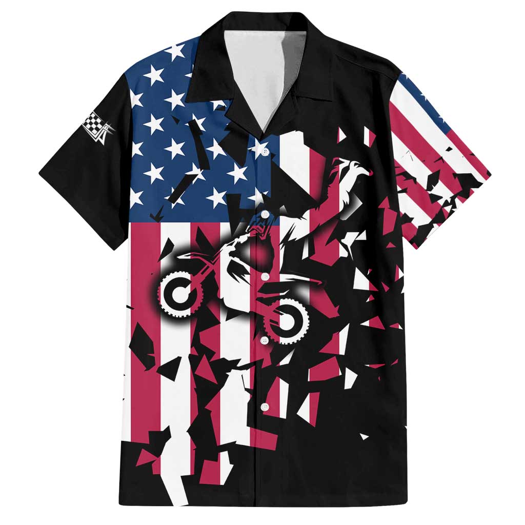 Personalized Dirt Bike Racing Family Matching Off Shoulder Short Dress and Hawaiian Shirt Shattered American Flag and Race Checkered Patch Graphic in Red White and Blue - Wonder Print Shop