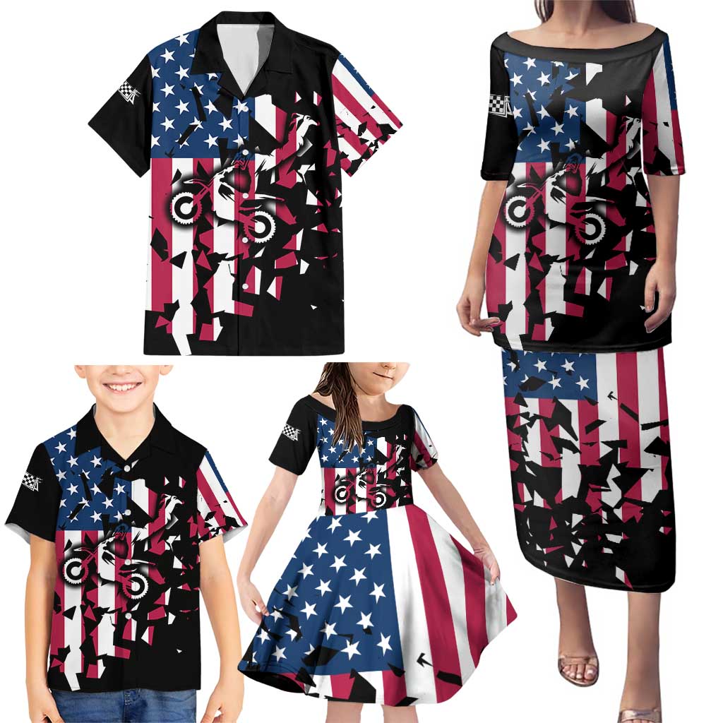Personalized Dirt Bike Racing Family Matching Puletasi and Hawaiian Shirt Shattered American Flag and Race Checkered Patch Graphic in Red White and Blue - Wonder Print Shop