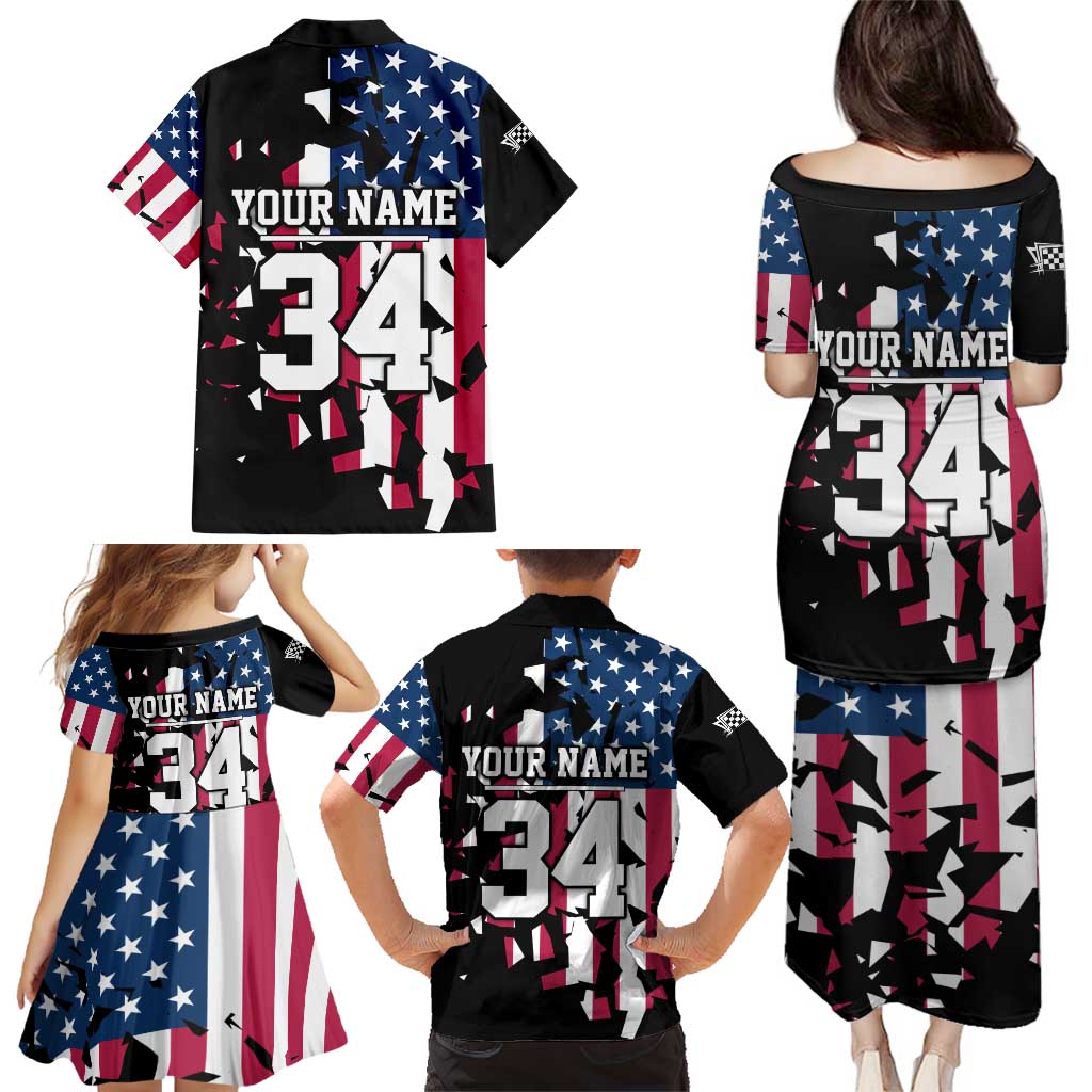 Personalized Dirt Bike Racing Family Matching Puletasi and Hawaiian Shirt Shattered American Flag and Race Checkered Patch Graphic in Red White and Blue - Wonder Print Shop