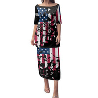 Personalized Dirt Bike Racing Family Matching Puletasi and Hawaiian Shirt Shattered American Flag and Race Checkered Patch Graphic in Red White and Blue - Wonder Print Shop