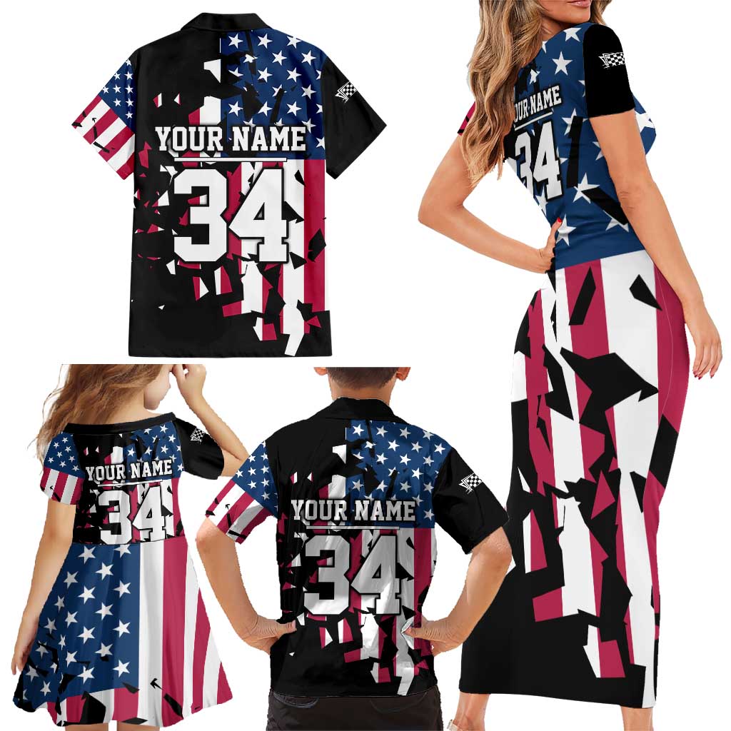 Personalized Dirt Bike Racing Family Matching Short Sleeve Bodycon Dress and Hawaiian Shirt Shattered American Flag and Race Checkered Patch Graphic in Red White and Blue - Wonder Print Shop
