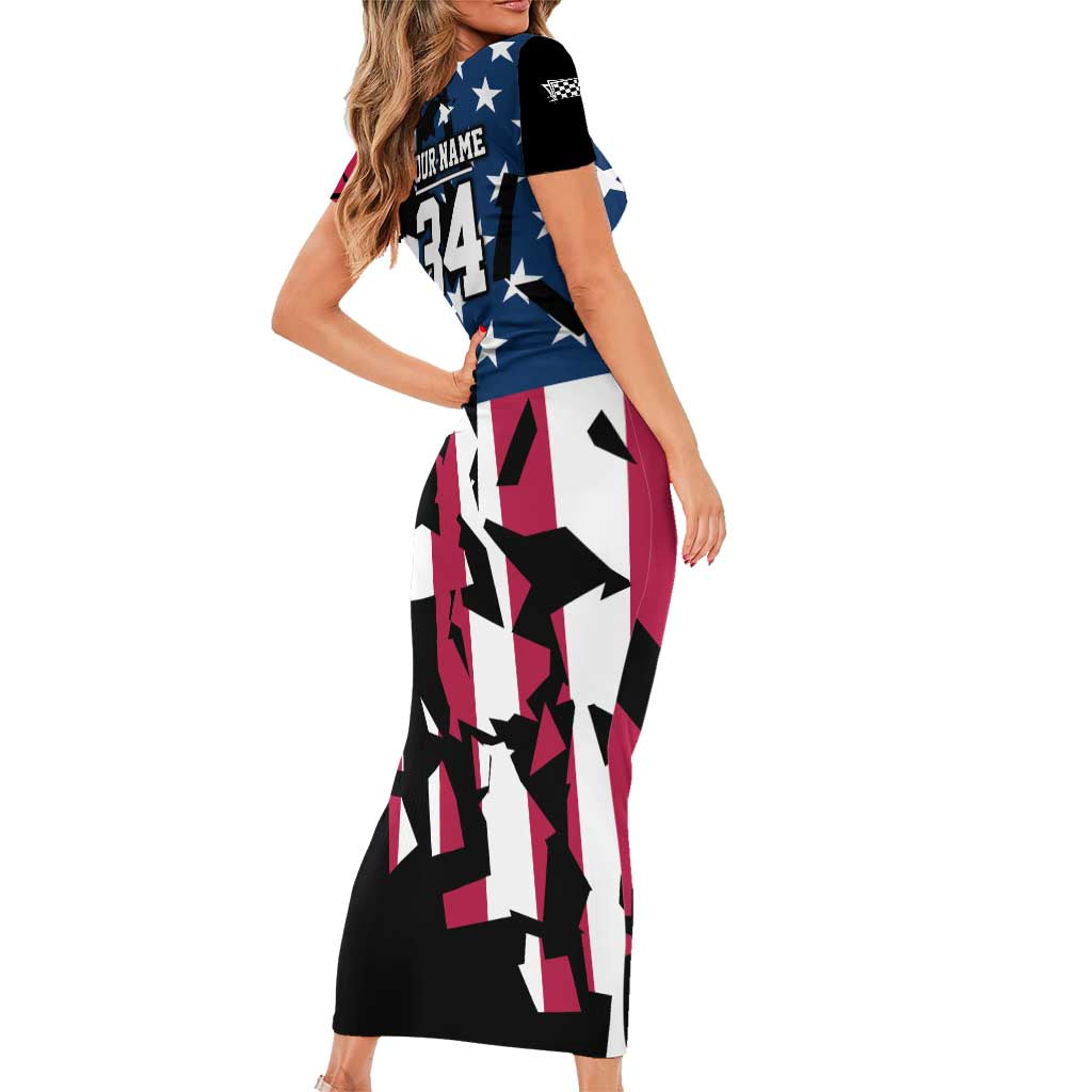 Personalized Dirt Bike Racing Family Matching Short Sleeve Bodycon Dress and Hawaiian Shirt Shattered American Flag and Race Checkered Patch Graphic in Red White and Blue - Wonder Print Shop