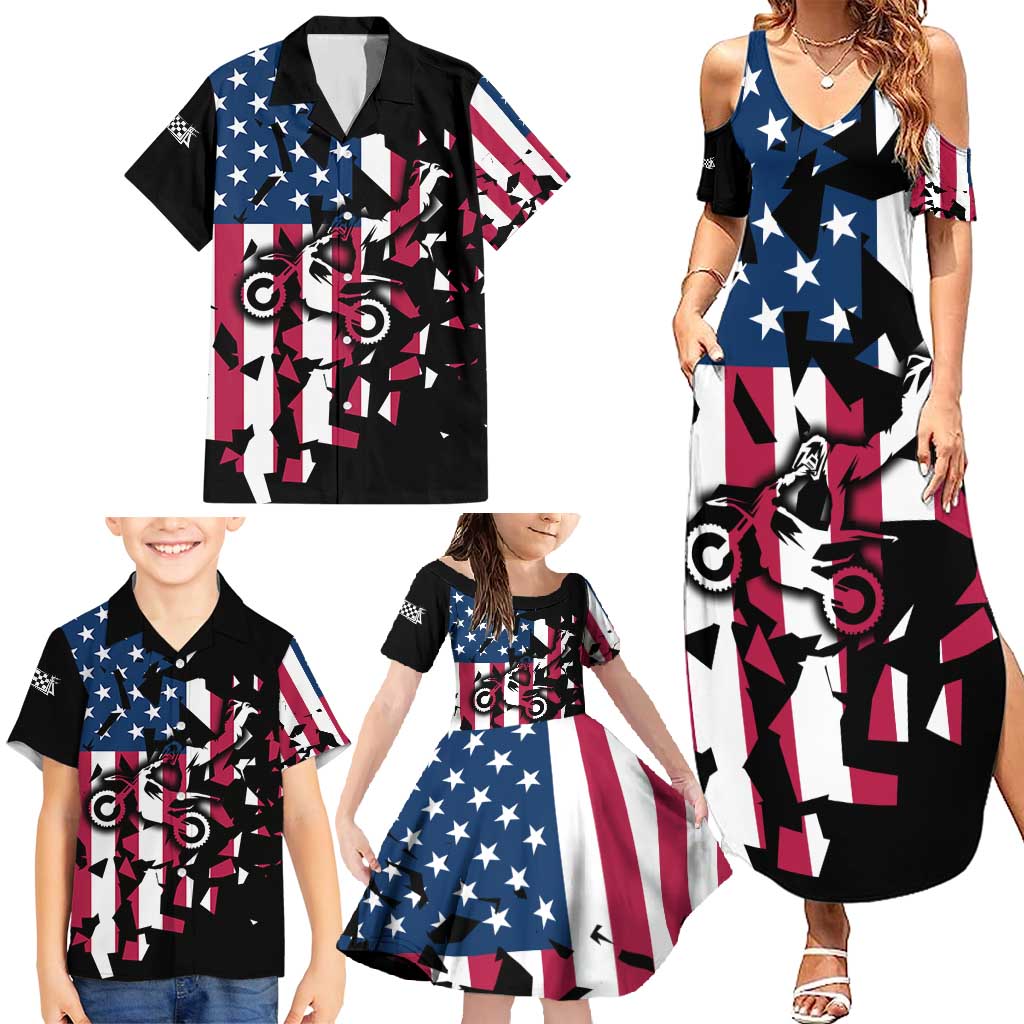 Personalized Dirt Bike Racing Family Matching Summer Maxi Dress and Hawaiian Shirt Shattered American Flag and Race Checkered Patch Graphic in Red White and Blue - Wonder Print Shop