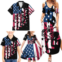 Personalized Dirt Bike Racing Family Matching Summer Maxi Dress and Hawaiian Shirt Shattered American Flag and Race Checkered Patch Graphic in Red White and Blue - Wonder Print Shop