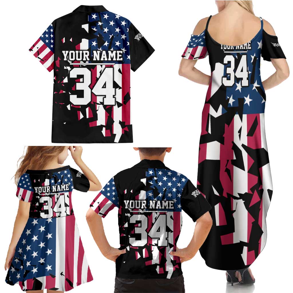 Personalized Dirt Bike Racing Family Matching Summer Maxi Dress and Hawaiian Shirt Shattered American Flag and Race Checkered Patch Graphic in Red White and Blue - Wonder Print Shop