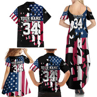 Personalized Dirt Bike Racing Family Matching Summer Maxi Dress and Hawaiian Shirt Shattered American Flag and Race Checkered Patch Graphic in Red White and Blue - Wonder Print Shop