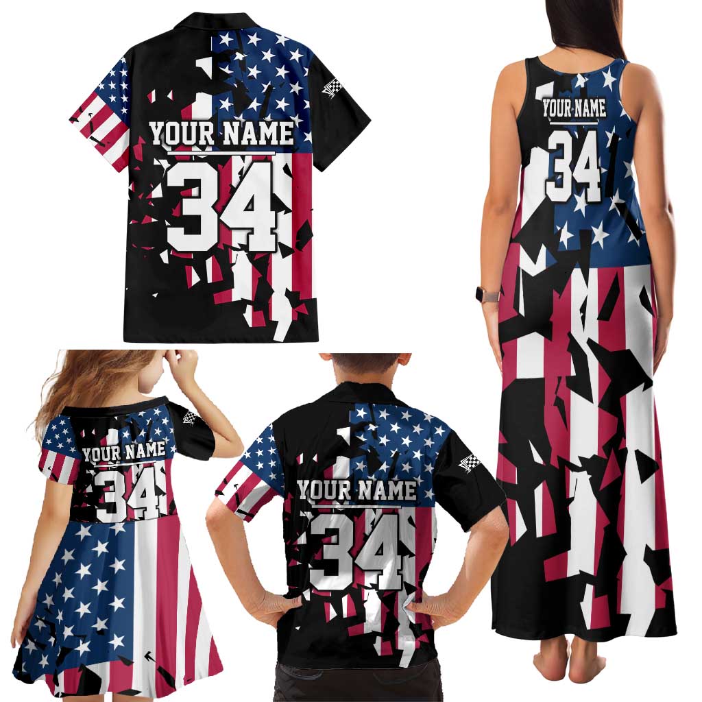 Personalized Dirt Bike Racing Family Matching Tank Maxi Dress and Hawaiian Shirt Shattered American Flag and Race Checkered Patch Graphic in Red White and Blue - Wonder Print Shop