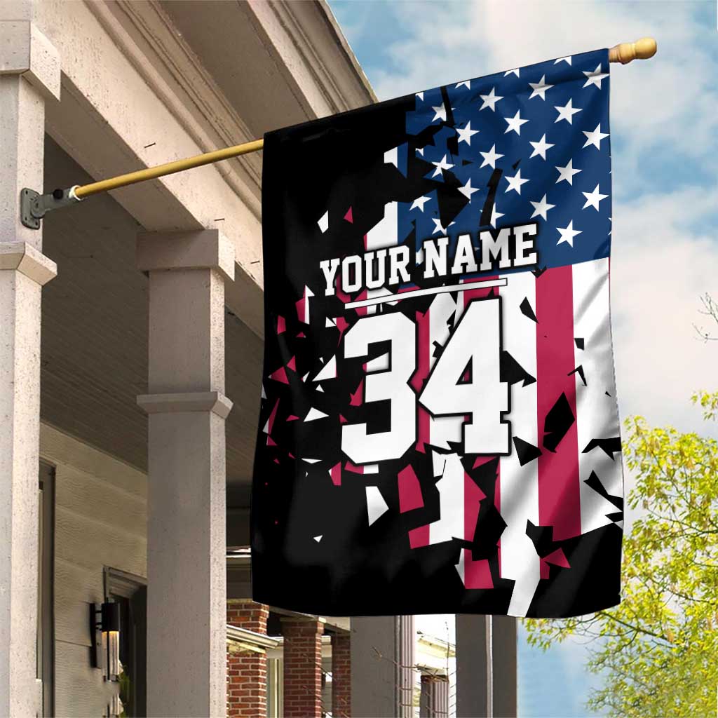 Personalized Dirt Bike Racing Garden Flag Shattered American Flag and Race Checkered Patch Graphic in Red White and Blue - Wonder Print Shop