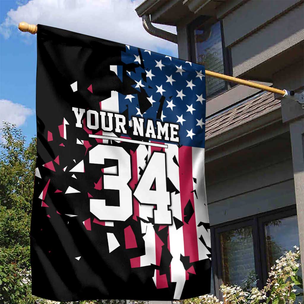 Personalized Dirt Bike Racing Garden Flag Shattered American Flag and Race Checkered Patch Graphic in Red White and Blue - Wonder Print Shop
