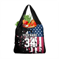 Personalized Dirt Bike Racing Grocery Bag Shattered American Flag and Race Checkered Patch Graphic in Red White and Blue - Wonder Print Shop
