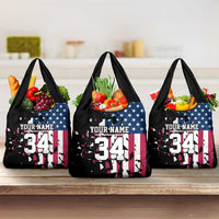 Personalized Dirt Bike Racing Grocery Bag Shattered American Flag and Race Checkered Patch Graphic in Red White and Blue - Wonder Print Shop