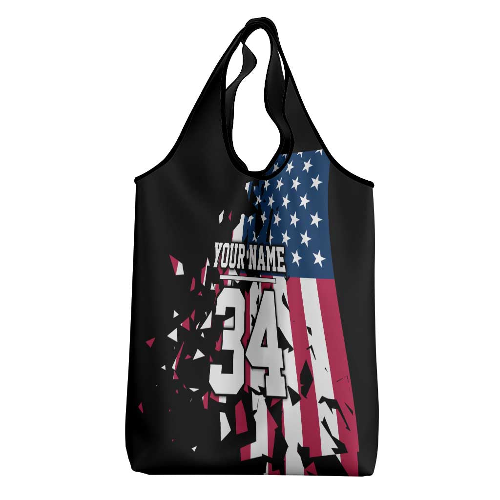 Personalized Dirt Bike Racing Grocery Bag Shattered American Flag and Race Checkered Patch Graphic in Red White and Blue - Wonder Print Shop