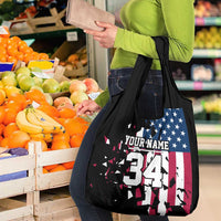 Personalized Dirt Bike Racing Grocery Bag Shattered American Flag and Race Checkered Patch Graphic in Red White and Blue - Wonder Print Shop