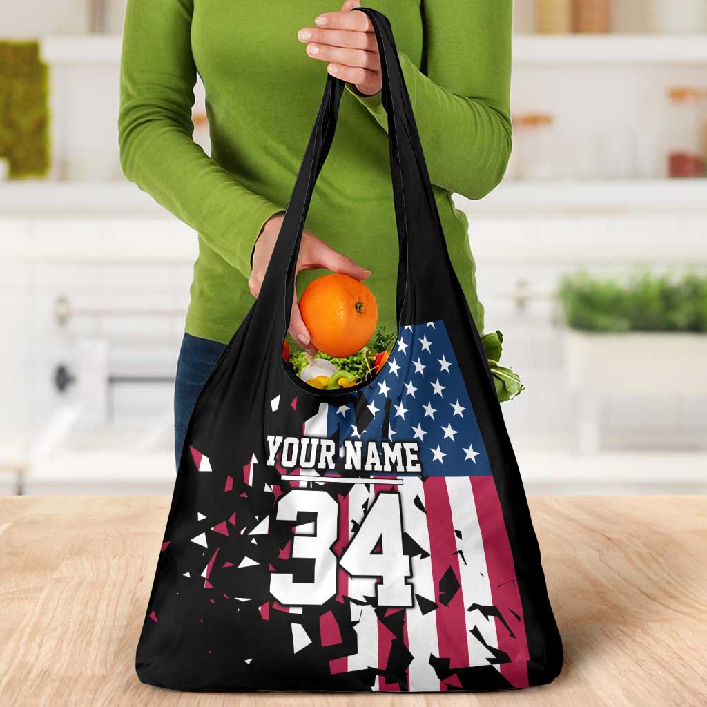 Personalized Dirt Bike Racing Grocery Bag Shattered American Flag and Race Checkered Patch Graphic in Red White and Blue - Wonder Print Shop